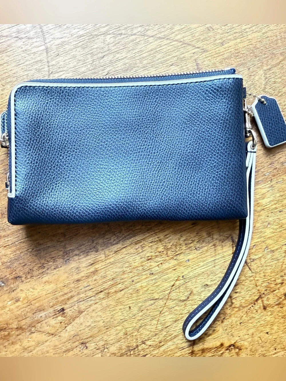 Authentic Coach Navy Blue Pebbled Leather Double Zip Wristlet Wallet